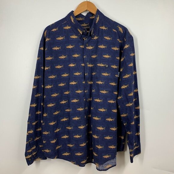 Woolrich Men's Gone Fishing Navy Blue Dress Shirt‎ Button Down with Fish Size XL - Picture 1 of 10